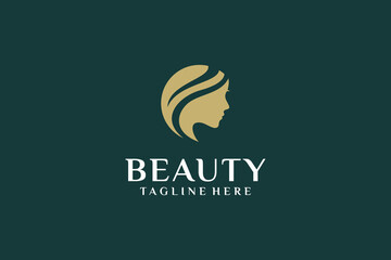 Beauty woman face hair gold logo design