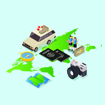 Couple Cross Country Road Trip Isometric 3d Vector Concept For Banner, Website, Illustration, Landing Page, Flyer, Etc.