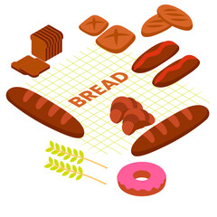 Set vector bread icons. Rye, whole grain and wheat bread, pretzel, muffin, pita , ciabatta, croissant, bagel, toast bread isometric 3d vector concept for banner, website, illustration, landing page, f