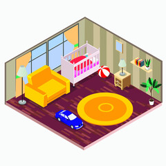 Obraz premium Baby room interior isometric 3d vector concept for banner, website, illustration, landing page, flyer, etc.