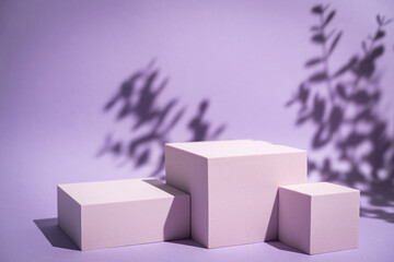 Abstract minimalistic scene with geometric forms. podium on purple background with shadows. product...