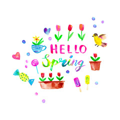Spring season background with flowers, bird, hearts, candy, popsicles, tulips, daffodils