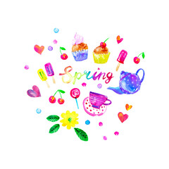 Sweet food background with hearts, teapot, cup, cake, candy, popsicles