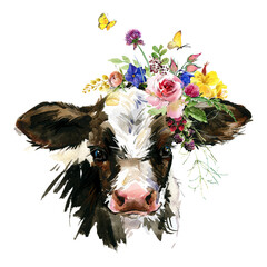 Bull. farm animal illustration. Watercolor hand drawn calf - 483933992