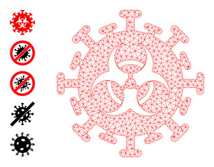 Fototapeta na wymiar Vector hazard virus mesh icon model. Abstract flat mesh hazard virus, created from flat mesh. Mesh wireframe hazard virus icon image in lowpoly style with structured linear items and other objects.