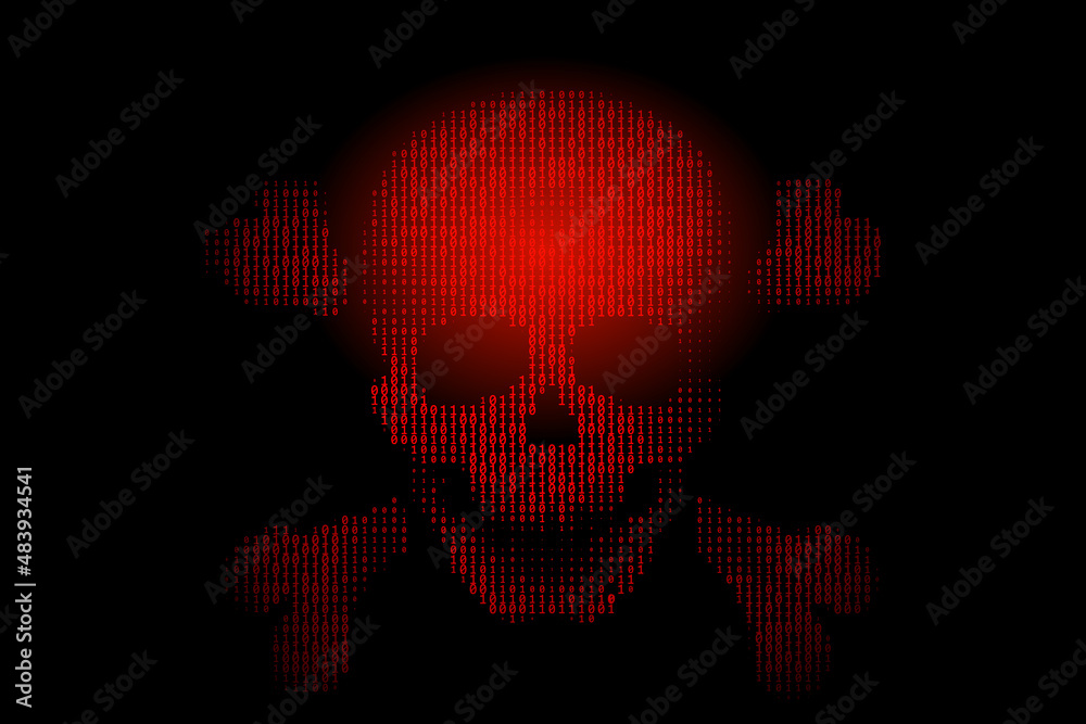 Poster skull with bones in binary code stream on black background.concept of hacker attack, cyber piracy.