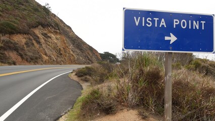Pacific coast highway 1, Vista point road sign on Cabrillo road along ocean, California journey,...