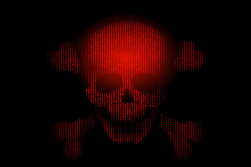 skull with bones in binary code stream on black background.concept of hacker attack, cyber piracy.