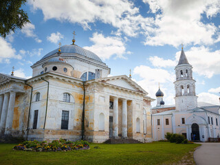 summer travel to Russia, Torzhok city. Novotorzhsky Borisoglebsky Monastery. Architectural monument on high bank of Tvertsa River. one of oldest Russian Orthodox monasteries