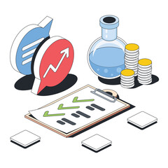 Chat bubble, flask coins, clip board, checkmark list. Vector 3d sketch line isometric style, color icon illustration. Creative design idea and infographics elements.
