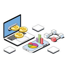 Laptop and mobile screen bitcoin coins, charts. Vector 3d sketch line isometric style, color icon illustration. Creative design idea and infographics elements.