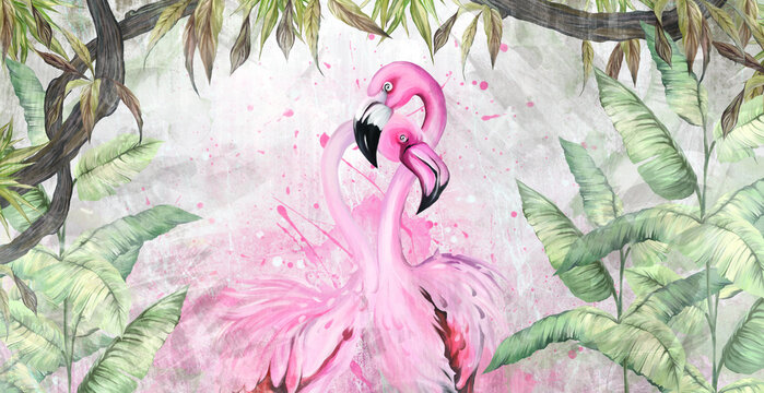 tropical flamingo birds in large fern leaves among branches and flowers, photo wallpaper in the interior of a house or a restaurant