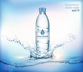 Transparent realistic vector mineral water plastic bottle for your advertising with water splash and drops. Blue background  - 483935365