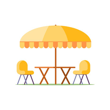 Elegant yellow picnic table with umbrella tent chairs for outdoor summer recreation vector flat illustration. Outside eating furniture barbecue rustic party isolated. Gardening household furnishing