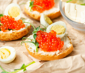 Canapes with red caviar are decorated with micro greens and quail eggs on paper. Close-up. Side view.