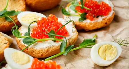 Canapes with red caviar are decorated with micro greens and quail eggs on paper. Close-up. Side view. Banner.Copy space.