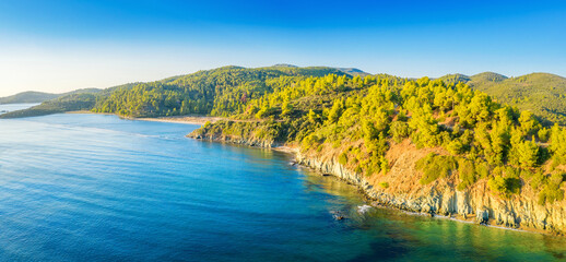 Obraz premium Aerial panorama of summer seascape of Mediterranean sea. Green hills of Peloponnese peninsula, Greece, Europe.