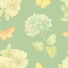 Delicate watercolor flowers collected in a seamless pattern for design. Digitally processed seamless floral pattern.
