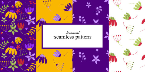Set of vector floral seamless patterns in trendy colors of 2022