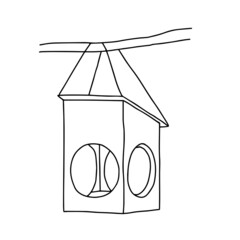 Black hand drawn outline vector illustration of A birdhouse or squirrel house for birds or squirrel from new boards is hanging on a tree isolated on a white background