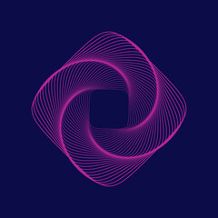 Abstract geometric shape made of lines. Purple rectangle on blue background. Wavy wireframe twisted figure. Linear rhombus pattern spiral. Technology background. Vector illustration, flat, clip art. 