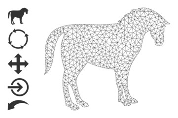 Vector horse mesh icon model. Abstract 2d mesh horse, designed with polygonal grid. Polygonal carcass horse icon image in low poly style with connected linear items and other objects.