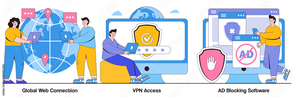 Poster global web connection, vpn access, ad blocking software concept with tiny people. network access vec