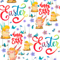 seamless pattern with funny cartoon angels, flowers and birds on a swing on a white background with lettering Happy Easter, Easter. Christian background, Easter decoration, prints