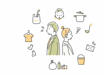 家事育児に悩む共働きの若い夫婦　シンプルでお洒落な線画イラスト © fumi
