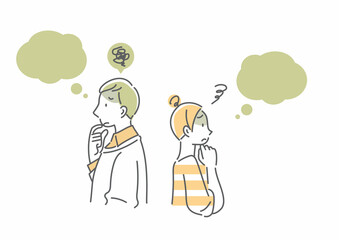 悩む夫婦　シンプルでお洒落な線画イラスト