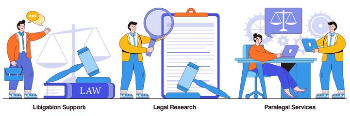 Litigation support, legal research, paralegal services concept with tiny people. Law firm vector illustration set. Forensic accounting, consulting, data collection, attorney legal work metaphor