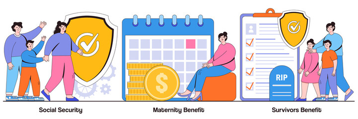 Social security, maternity and survivors benefit concept with tiny people. State allowance vector illustration set. Retirement insurance, parental support, death certificate, financial help metaphor