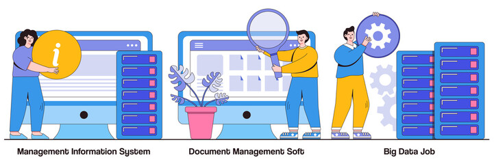 Management information system, document management soft, big data job concept with tiny people. Information collection and analysis vector illustration set. Sharing online, visualization metaphor © VZ_Art