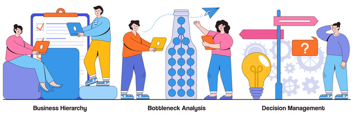 Business hierarchy, bottleneck analysis, decision management concept with tiny people. Management system vector illustration set. Workflow improvement, enterprise analysis software, IT tool metaphor