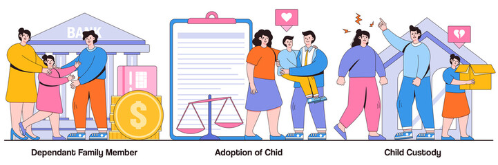 Dependant family member, adoption of a child, child custody concept with tiny people. Family law vector illustration set. Alimony, parents divorce, samesex couple, elderly support, caregiver metaphor