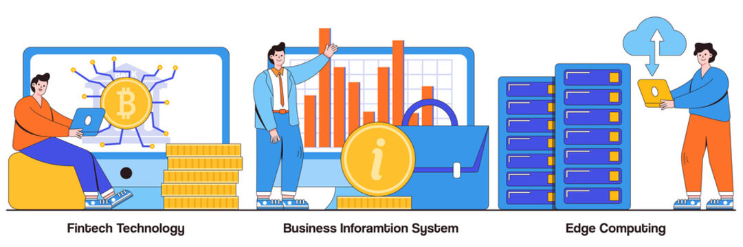 FinTech Technology, Business Information System, Edge Computing Concept With Tiny People. IT Infrastructure And Technology Integration Vector Illustration Set. Payment Processing, Network Metaphor