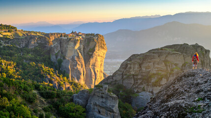 Majestic view of famous Eastern Orthodox monasteries at sunset, place listed as a World Heritage site, Greece, Europe. landscape place of monasteries on the rock.