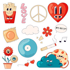 A set of hippie-themed stickers with French fries, flowers, a pacific symbol and other elements of the 70s in a cartoon style