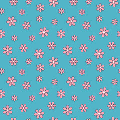Fototapeta na wymiar Seamless pattern with pink flowers on a blue background in the cartoon style of the 70s. Vector illustration