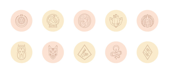 Set of icons and emblems for social media stories highlight covers in linear style vector illustration.