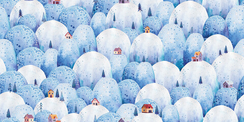 seamless pattern landscape with colored hills, houses and trees in the snowy mountains, cute illustration, print, decor, design © Ilona