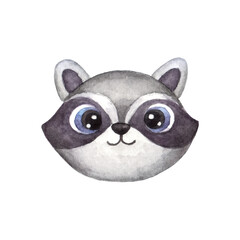 Face or head of cute raccoon. Muzzle of funny animal isolated on white background. Watercolor illustration in cartoon style for children