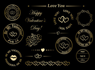 decorative set of golden romantic postal stamps with hearts and dividers for valentine day - vector design elements