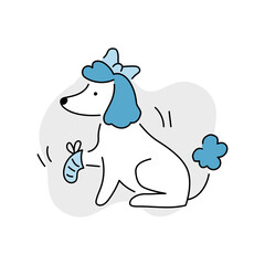 Sick dog line doodle icon for veterinary clinic. Dog, pet injured bandage vector illustration.