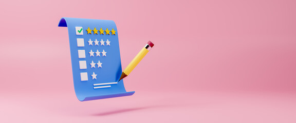 Feedback from customers or opinion form, giving five star feedback, clients choosing satisfaction rating and leaving positive review. customer service and user experience concept, 3d rendering. - obrazy, fototapety, plakaty