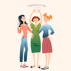 Three smiling girlfriends. Happy galentine’s day!..