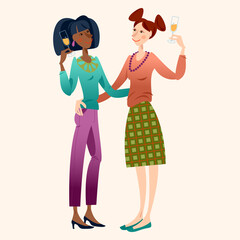 Two girls clink glasses. Friends celebrating.