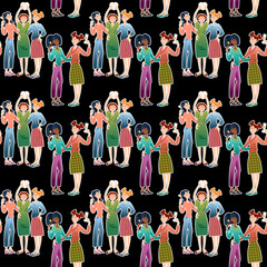 Smiling girls clink glasses. Friends celebrating. Happy galentine’s day! Seamless background pattern.