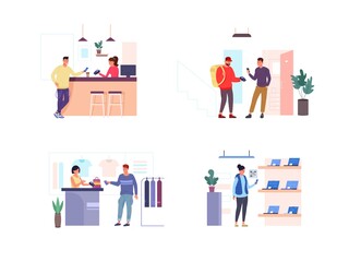 People use mobile payment. Cashless contactless pay scan qr code mobile app, client system buy in store using digital banking, electronic transfer terminal garish vector