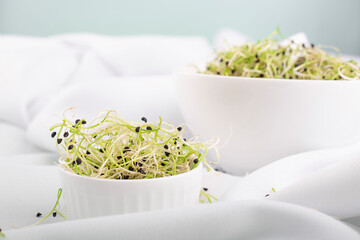 Microgreen sprouts on a plate against a white tablecloth